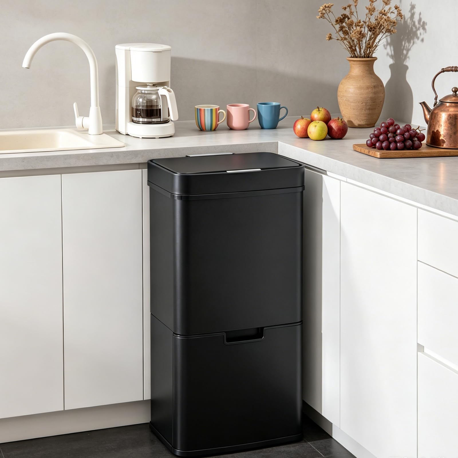 LIFEZEAL 72L Mülleimer 4 Fächer, Mülltrennsystem mit Deckel für Mülltrennung, Edelstahl Bin Treteimer mit Sensor, Abfalleimer Müllsammler Innenbereich für Küche, Büro (Schwarz)
