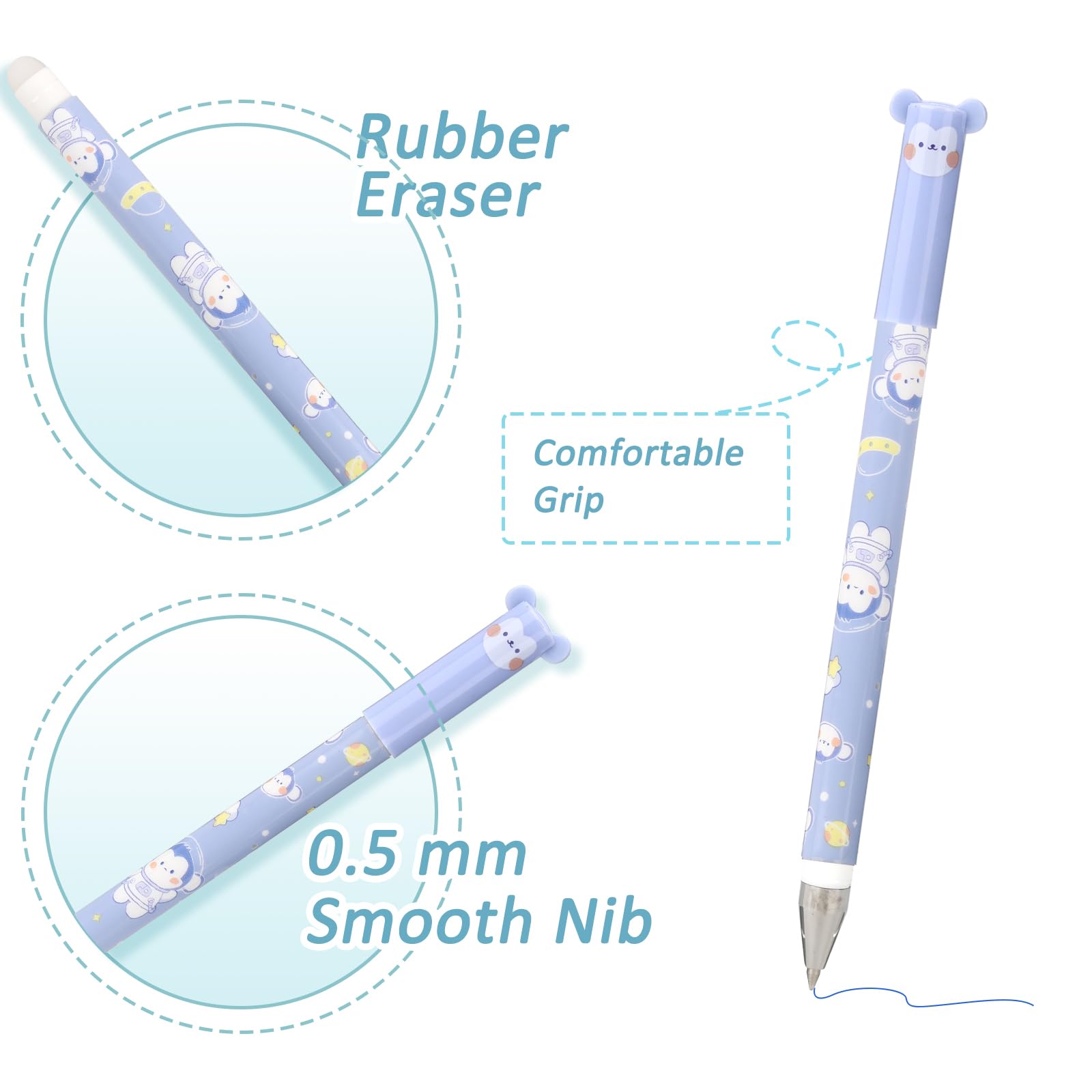 Confezione da 6 penne gel cancellabili blu inchiostro dolce cartone animato erasable pen punta punta 0,5 mm diametro mina sfera all'estremità per rimuovere l'inchiostro senza usura del foglio, per