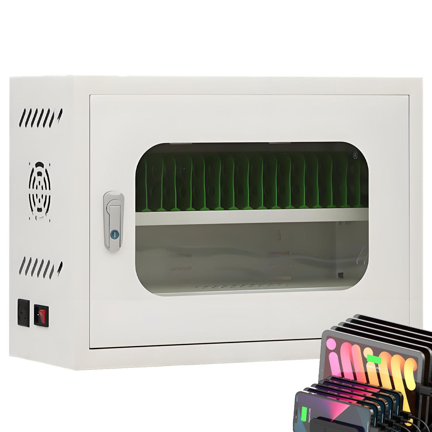UORDBY Laptop & Phone Charging Cabinet, Rechargeable Phone Locker Charging Cart, 4 Universal Wheels, Security Lock, 5V 2A Charging for Classroom/Office Devices 20slots