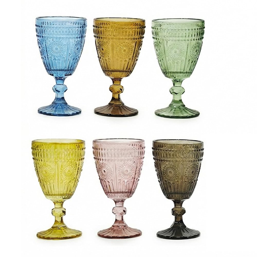 Set 6 Calici Vetro Colorati barocco Bicchieri con Piede Lavorati Stile Vintage Eleganti per Vino Acqua Cocktail Capacità 30cl Servizio Multicolor Tavola Occasioni Eleganza