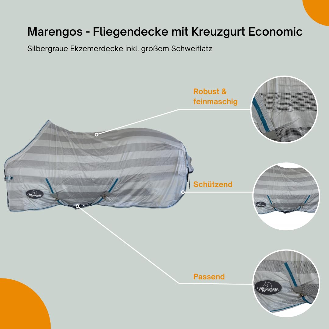 Marengos - Fliegendecke mit Kreuzgurt Economic – Schutz vor Insekten & Plagegeistern – Ekzemerdecke inkl. großem Schweiflatz – Verstellbarer Kreuzgurt – Pferdedecke in Silbergrau – 155 cm