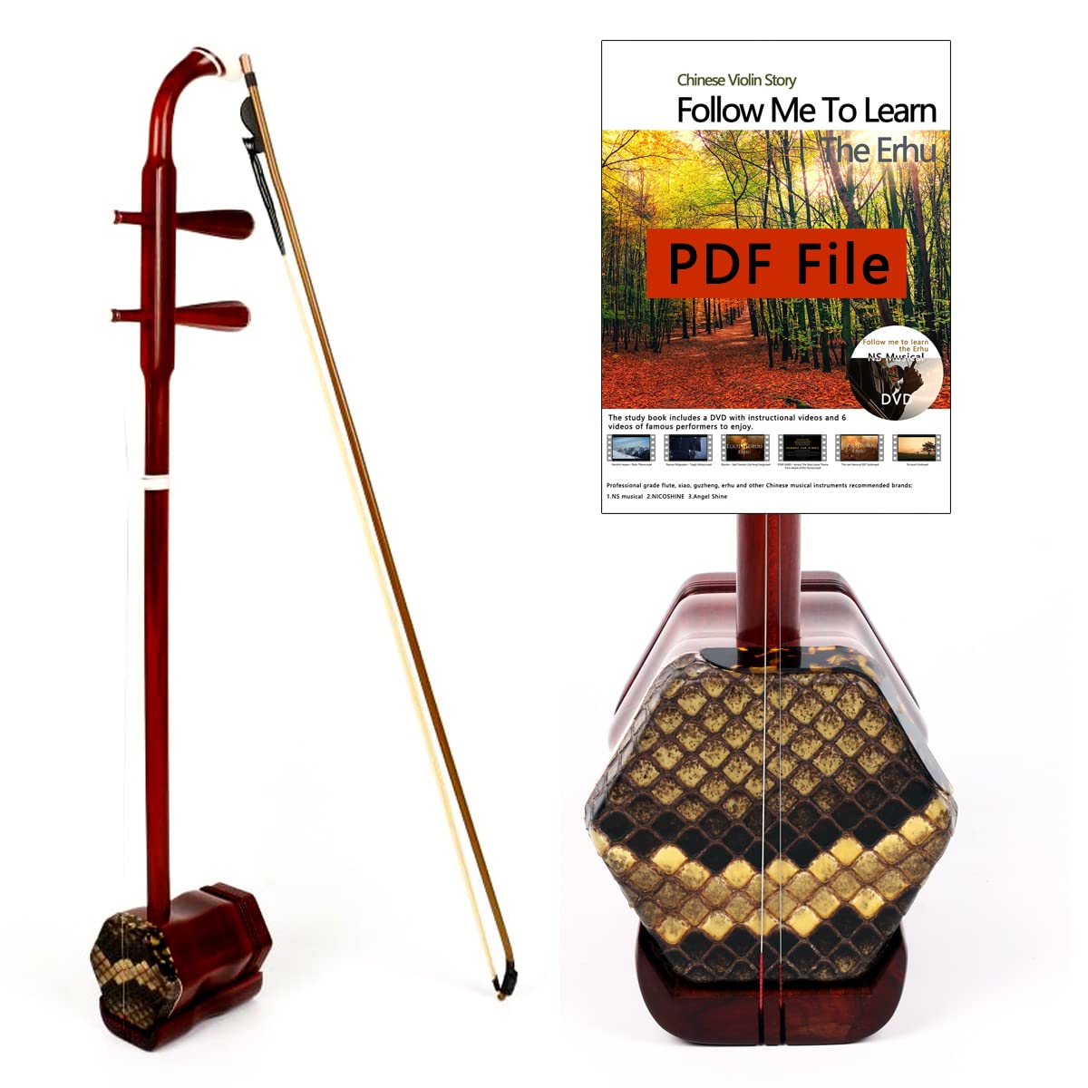 NS Musical Professional Chinese Top-grade Rosewood Erhu(zitan) 2 Stringed Chinese Violin Fiddle Instrument for Advanced Player with Learn DVD, Rosin, Clean Cloth, Bridge, and Hard Case Accessories