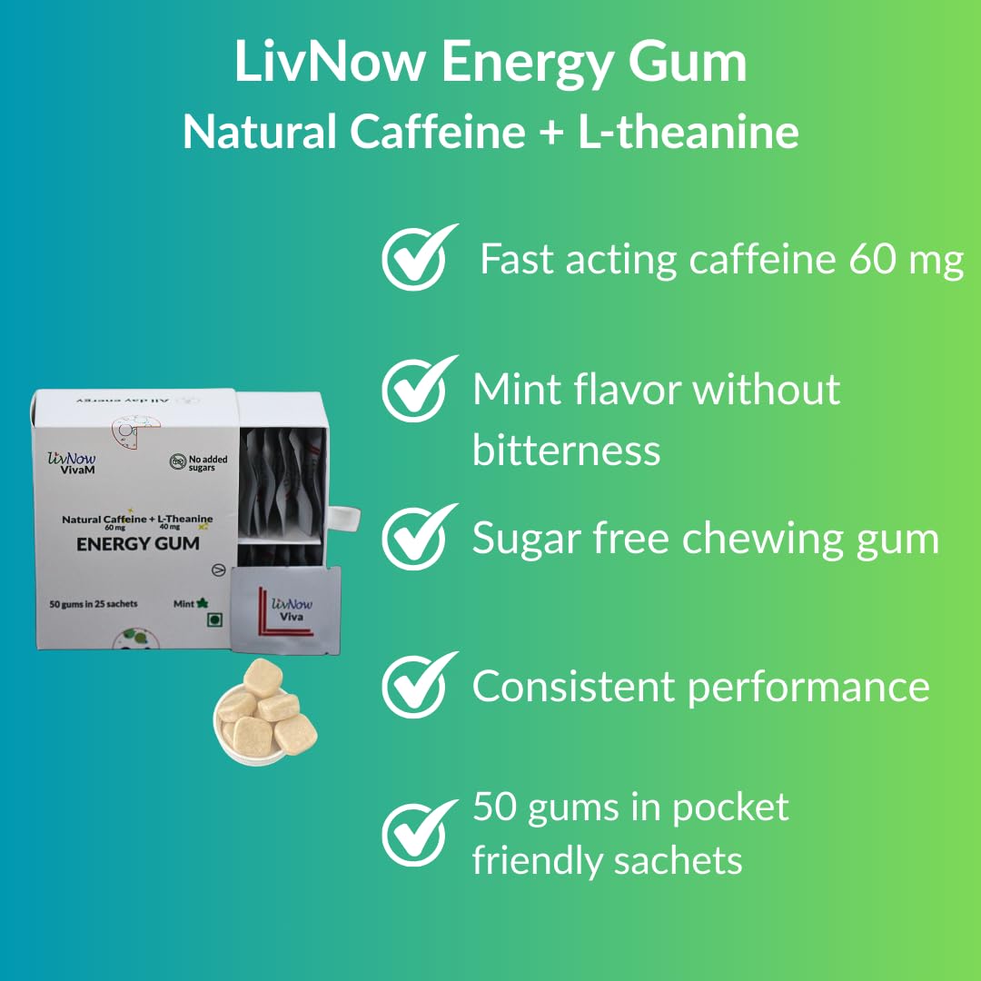 livNow Viva M | Caffeine and L-theanine Energy Chewing Gum | All Day Energy | Refreshing Mint Flavor | Box with 50 Gums in 25 Sachets — Amazon image 4