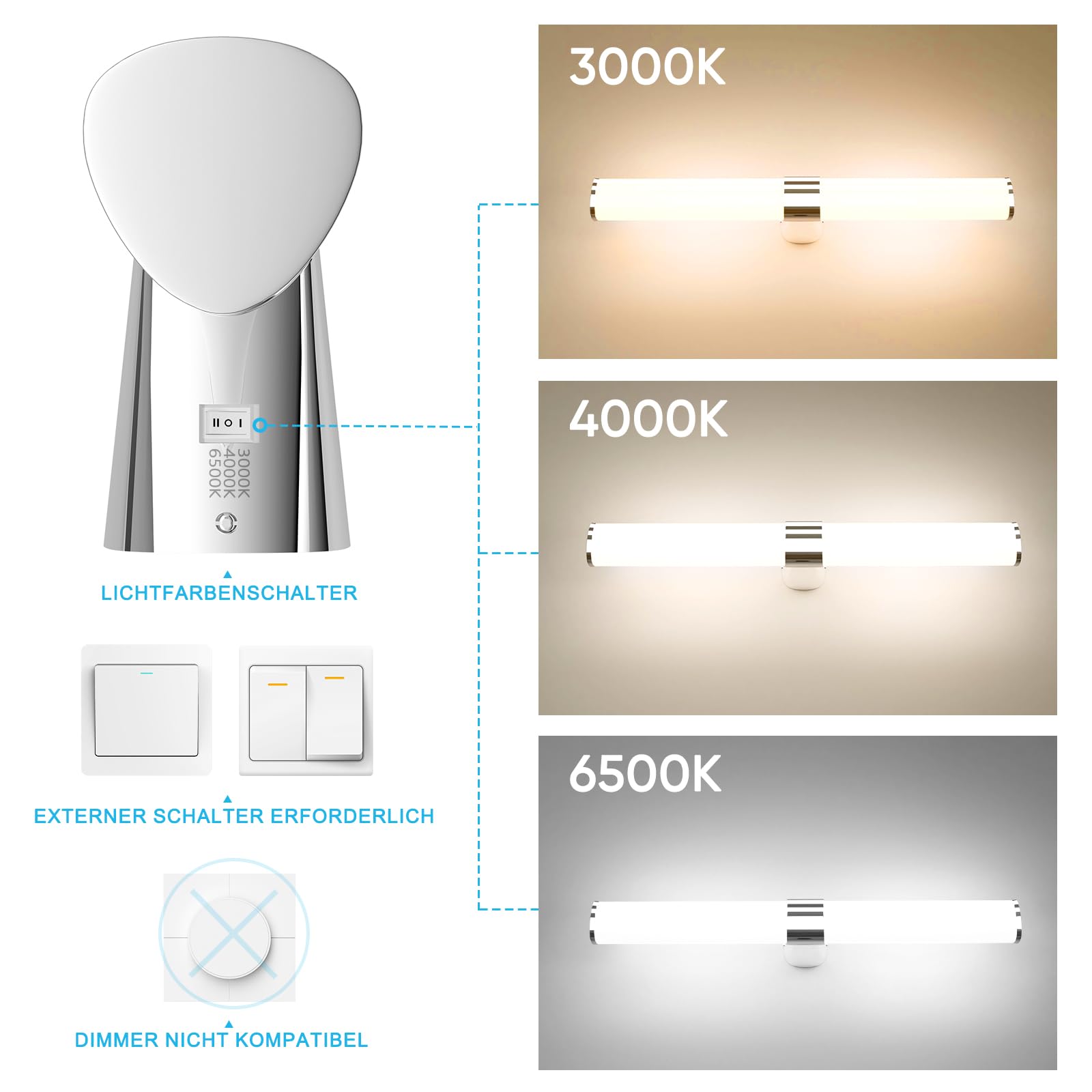 LED Wandleuchte Innen für über Spiegel Bad, 15W 1500Lm Badezimmer Lampe Wand, 60CM Breit IP44 Wasserdicht Spiegellampe, Silber Chrom, Nicht Dimmbar, 3 Lichtfarben Modi, Kein Schalter