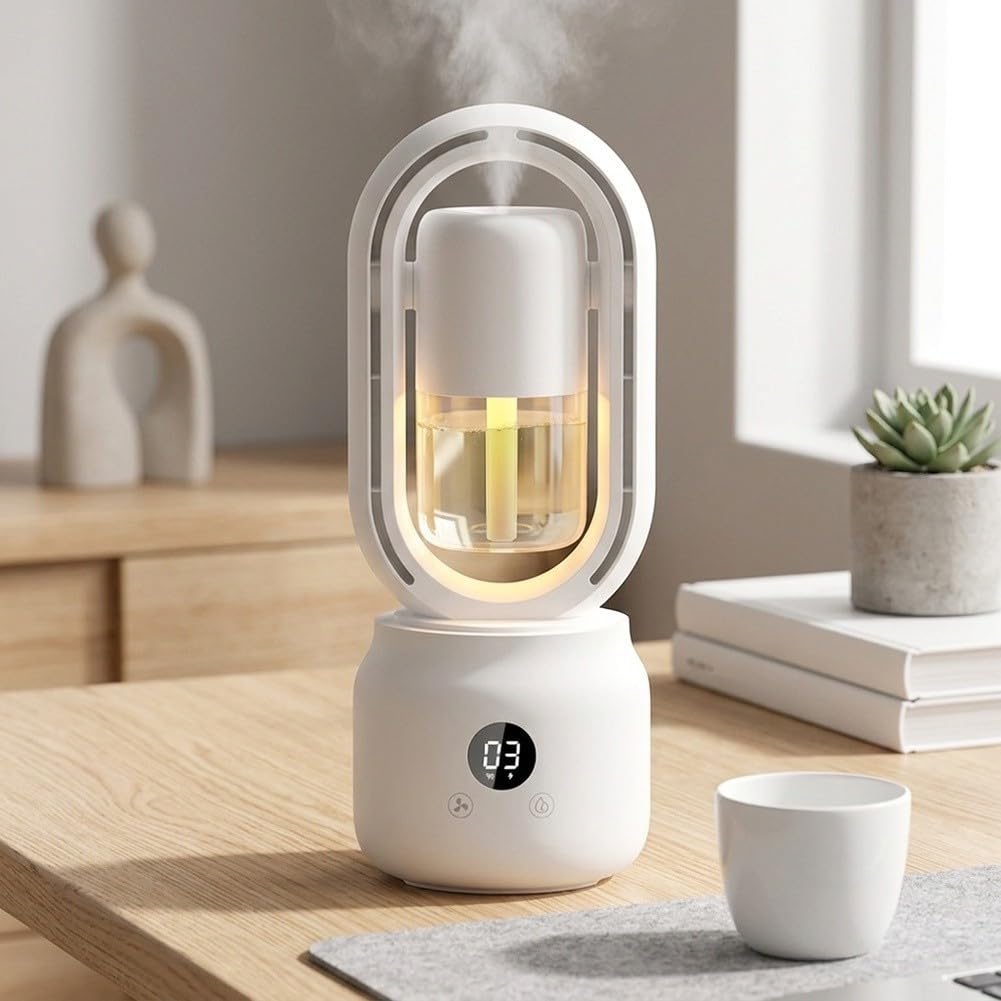 Tragbarer Blattloser Ventilator mit Nebel | Robustes ABS Material, PET Wassertank, langlebig, leicht zu reinigen, spritzwassergeschützt