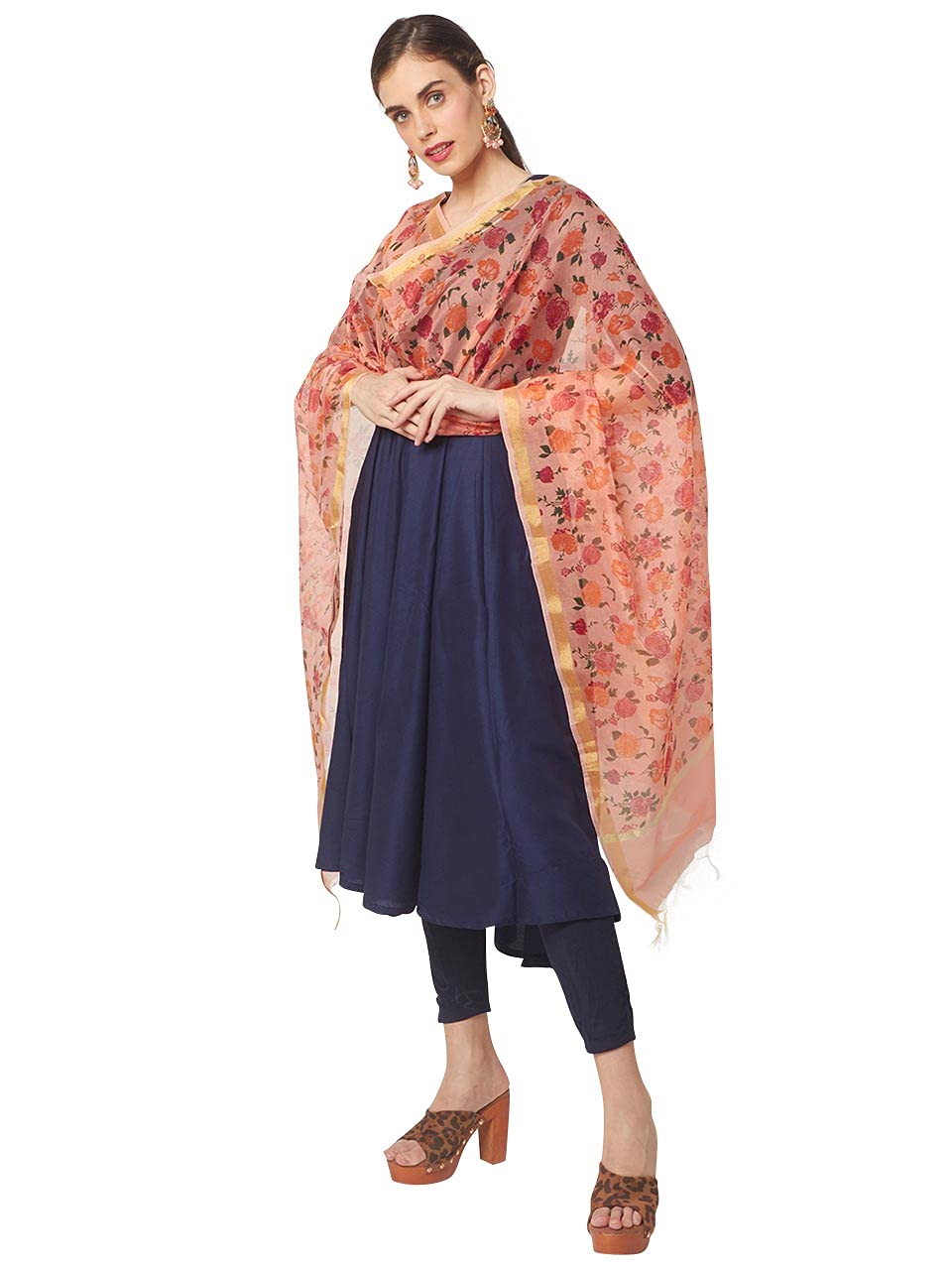 dupatta bazaar Women's Peach Chanderi Dupatta with Multicolour Floral Print-picture-14