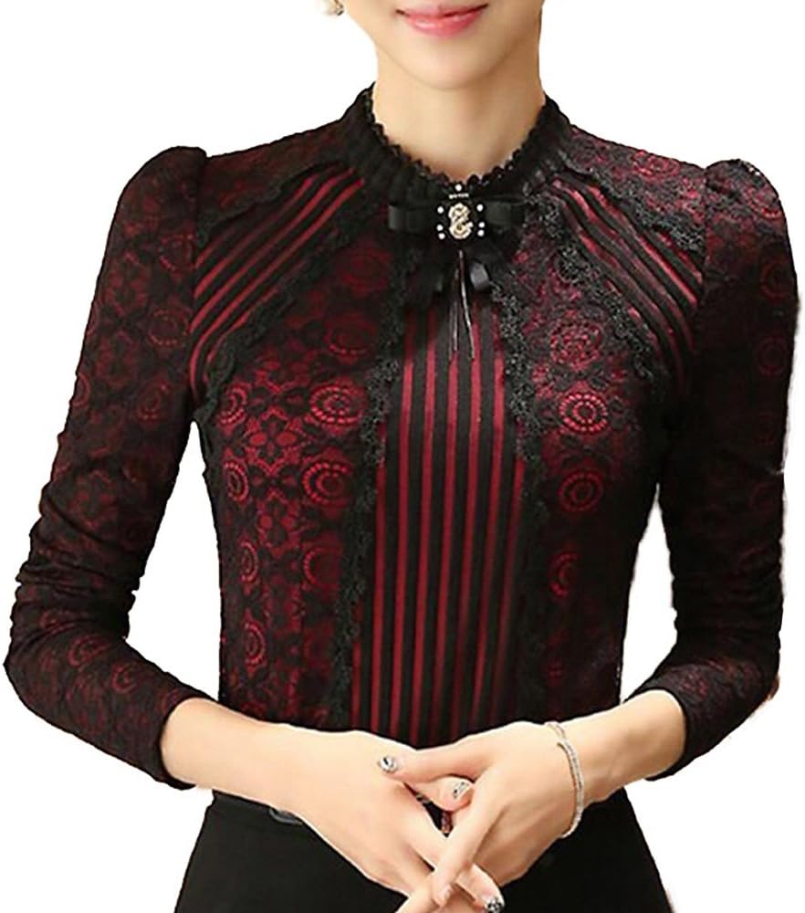 Women's Vintage Beaded Buttons Pleated Shirt Long Sleeve Lace Stretchy Blouse