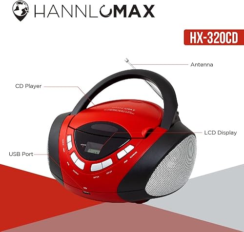 Miniatura 4 de HANNLOMAX Boombox de CDMP3 HX-320CD, radio AMFM, puerto USB para reproducción de MP3, entrada auxiliar, pantalla LCD, fuente de alimentación dual
