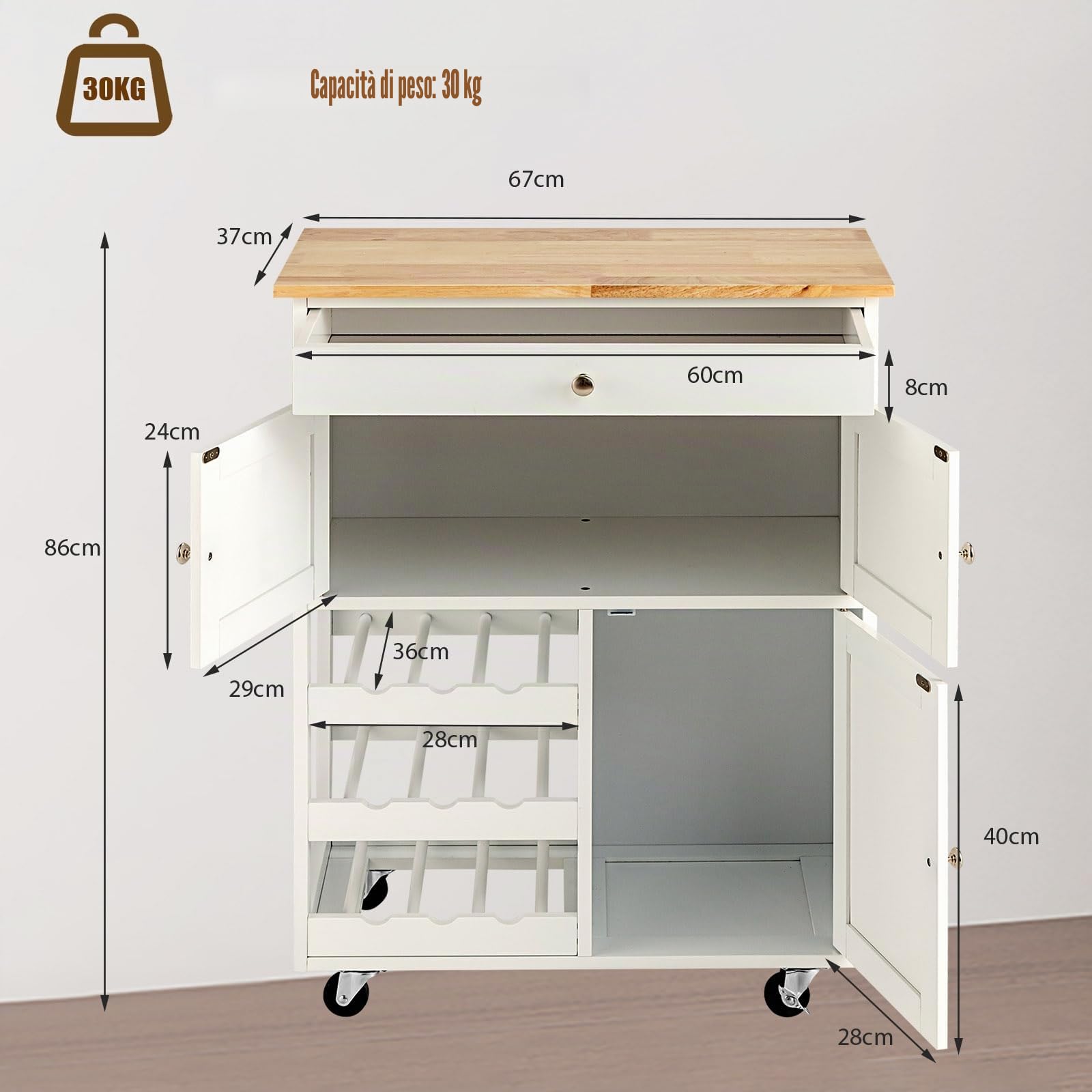 KOMFOTTEU - Carrello centrale con ripiani e piano di lavoro in legno di hevea, carrello con ruote e cassetto, 2 armadi, portabottiglie a 3 livelli, carrello con ruote, 67 x 37 x 86 cm (Bianco)