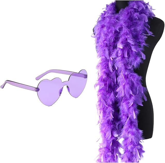 Feather Boa and Sunglasses, 2 Meters Fancy Dress and Crafts Feather Boas and Heart Shaped Sunglasses Party Accessories for Dancing Wedding Dress Up Halloween Costume Decoration(Purple01)