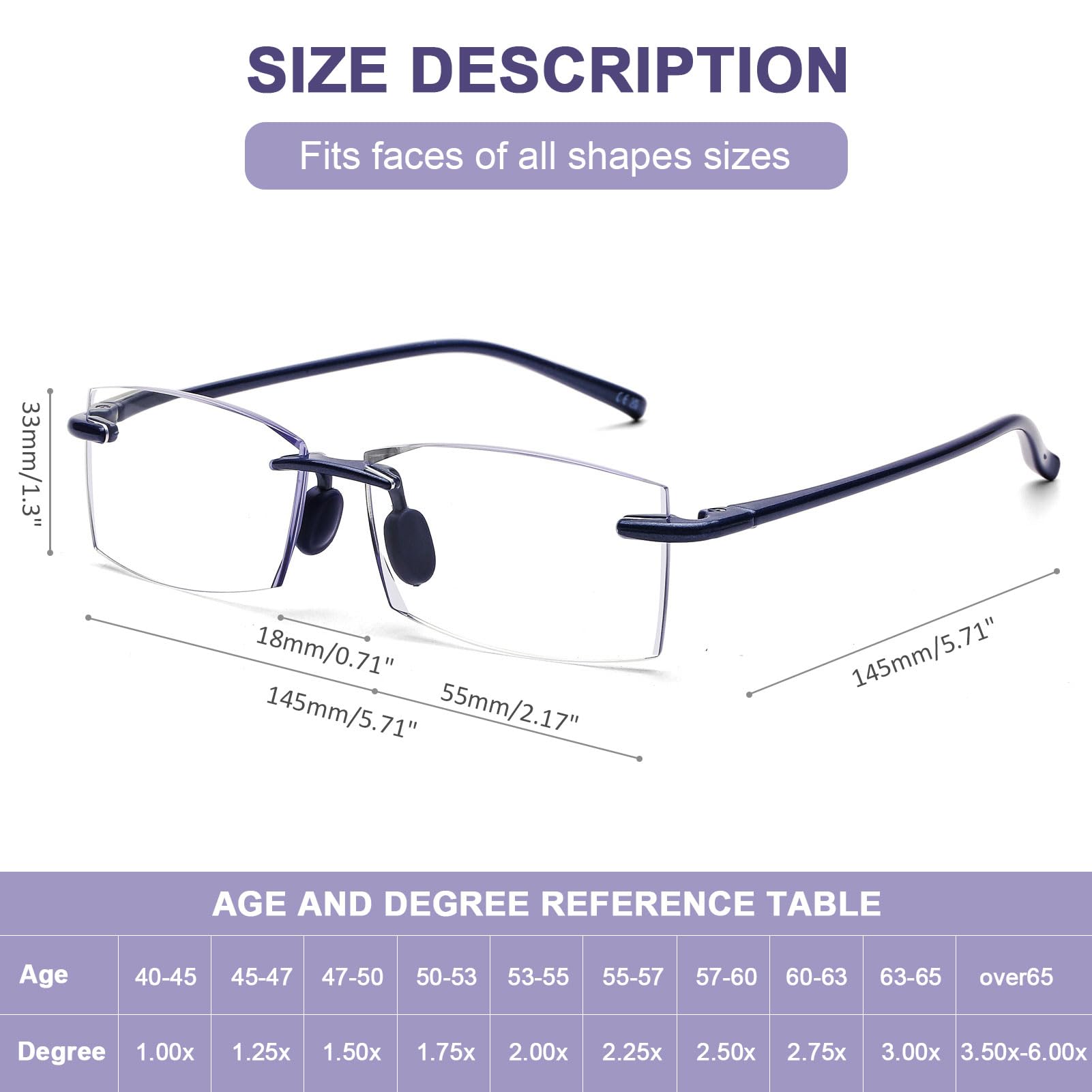 DOOViC Blue Light Filter Reading Glasses 2.25 Frameless Blue Rectangle Flexible TR90 Legs Lightweight Readers for Men/Womens/Unisex - Image 3