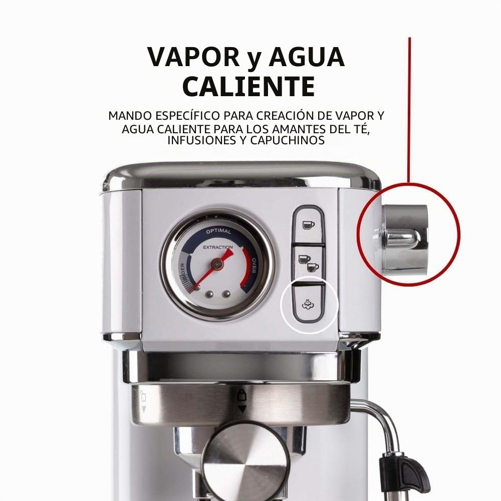 Ariete 1381 Cafetera con manómetro, compatible con café en polvo y monodosis ESE, 1300 W, capacidad 1,1 l, 15 bares de presión, filtro ½ tazas, dispositivo Cappuccino, blanco