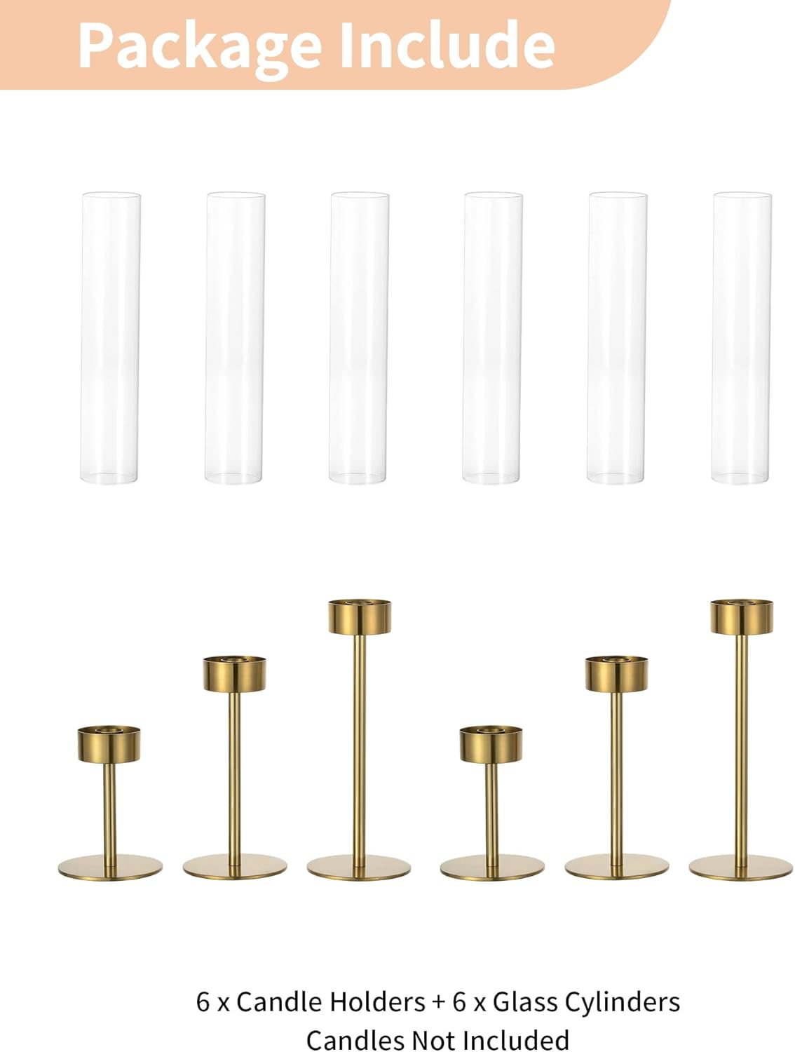NUPTIO Hurricane Candle Holder for Centerpiece: Set of 6 Gold Taper Candle Holders Bulk - Tall Brass Candlestick Holders with Cylinder Shape Cover for Dinner Table Christmas Decor - Image 6