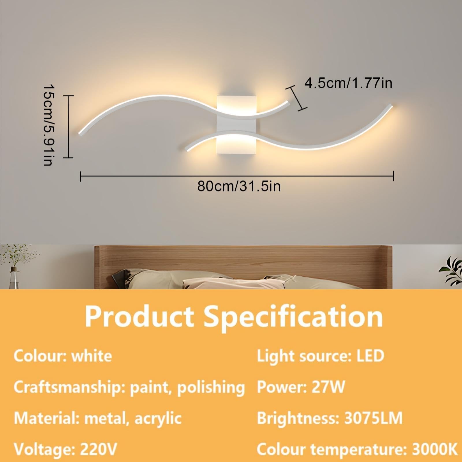 Comely LED Wandleuchte Innen, 27W Lange Wandlampe Weiß 80CM, 3000K | Moderne Innenwandleuchte aus Aluminium für Wohnzimmer Schlafzimmer Flur Treppen