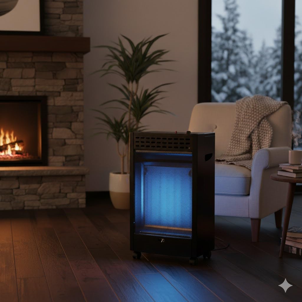 Gazcamp Blueflame Mobile Gasheizung, 4,2 kW, mit ODS Sauerstoffmangelsicherung, Piezozündung, für Propan/Butan/LPG, 2 Heizstufen, 430 x 460 x 743 mm, Schwarz, mit Rollen