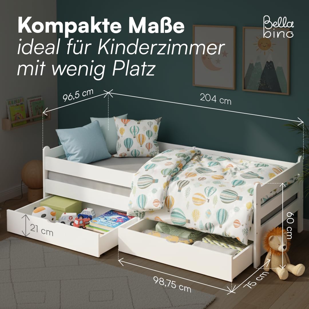 Bellabino Kuru Kinderbett 90x200 cm – Jugendbett mit 2 Schubladen - Kinder Bett mit Rausfallschutz & Lattenrost – Einzelbett für Jungen und Mädchen für Kinderzimmer – Kids Bed mit Stauraum in Weiß