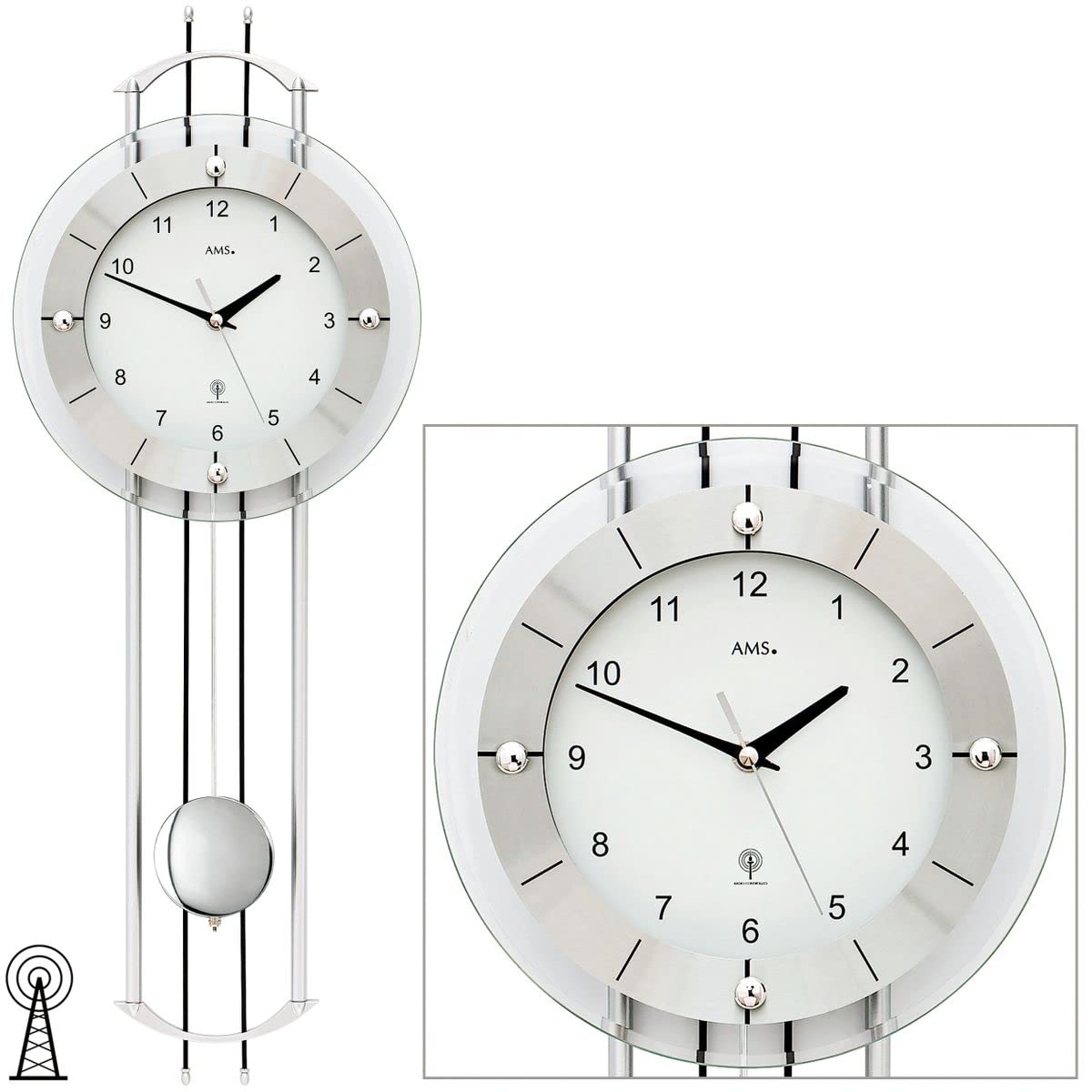 CV AMS 5248 Wanduhr Funk Funkwanduhr mit Pendel silbern modern Pendeluhr mit Glas