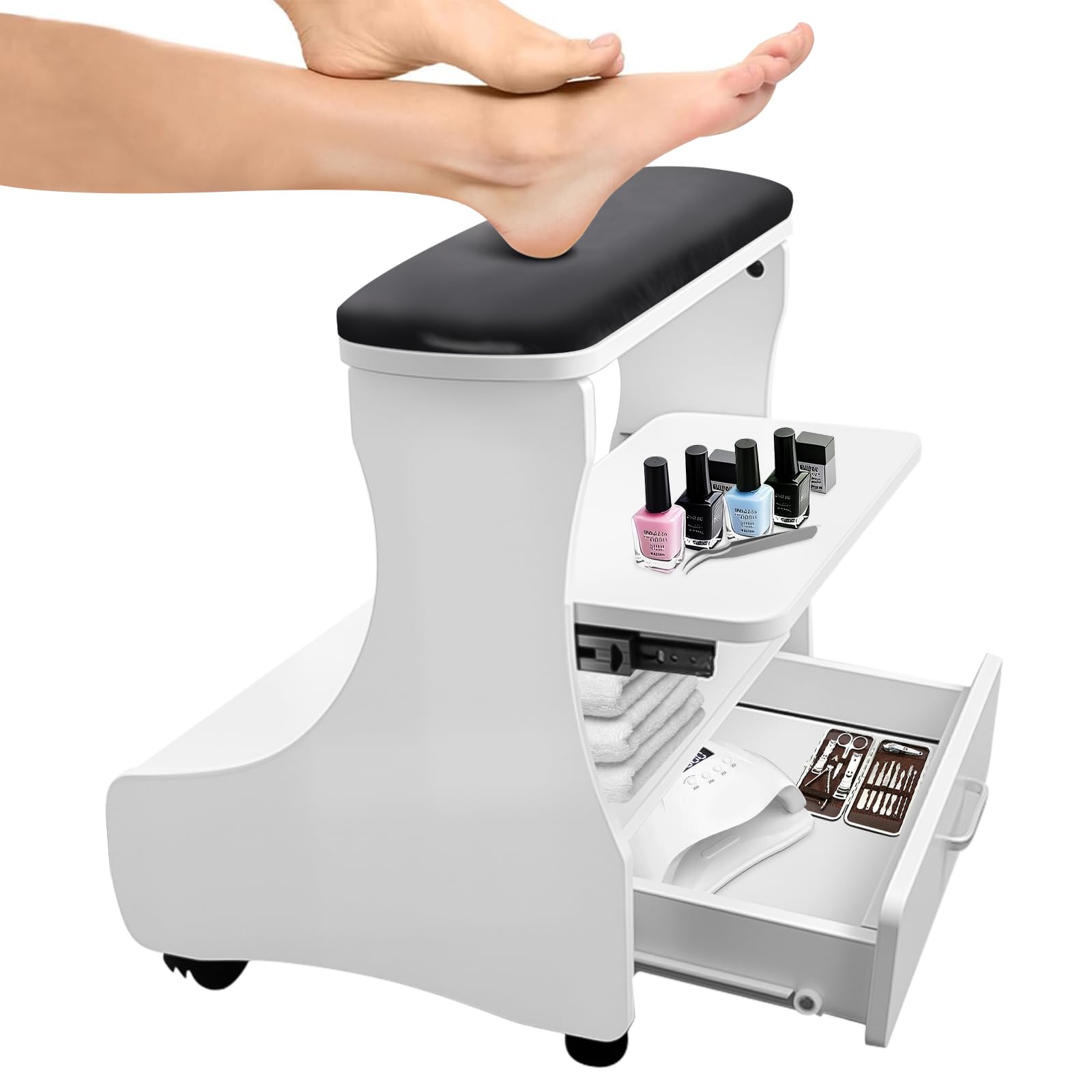 Repose pieds de pédicure à roulettes en cuir PU, tabouret de manucure mobile pour salon de beauté (noir blanc)