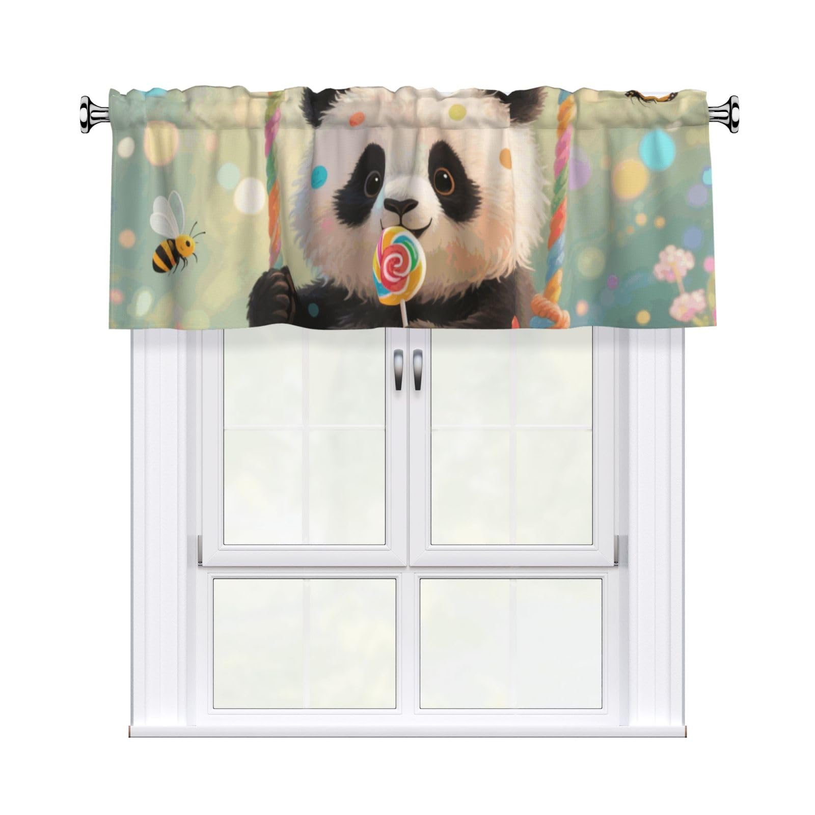 FekiLoot Panda Dots Curtain Valance for Windows, Kitchen Window Valances Rod Pocket Window Treatments Short Curtains Drapes for Bathroom Bedroom Cafe Decor 54x18inch 1 Panel