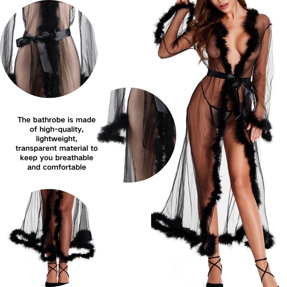 Femme Sexy Plumes Peignoir De Bain Transparent Maille Kimono Robe Col en V Mariée Nuisette Extra Longue Cache-Maillot Perspective Dentelle Lingerie Légère Bikini Cover Up Pyjamas