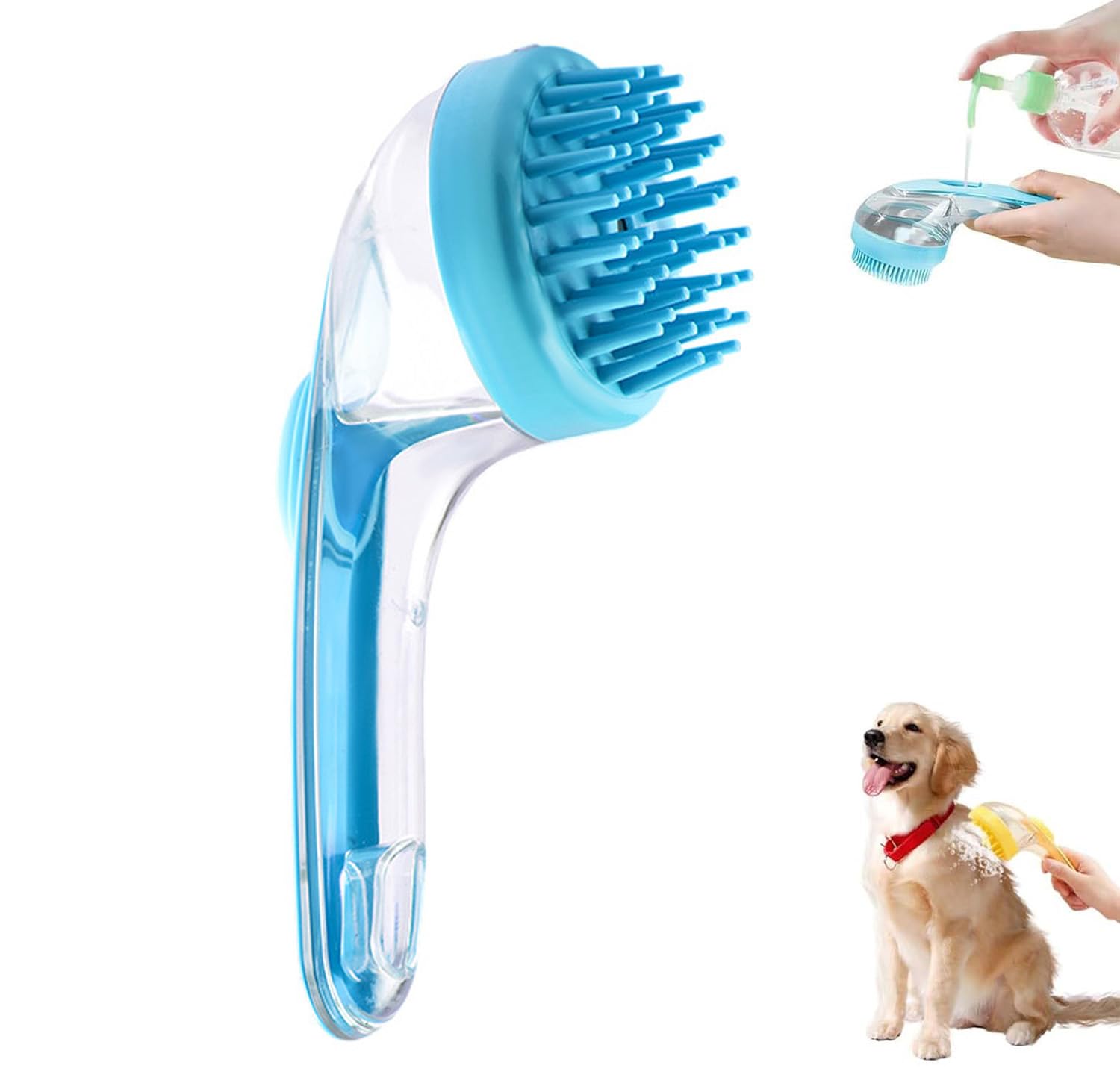 Pet Bath Brush with Soap Dispenser, Pet Grooming Bath Massage Brush, Soft Silicone Bristle, for Long Short Haired Dogs Cats Shower (Blue)