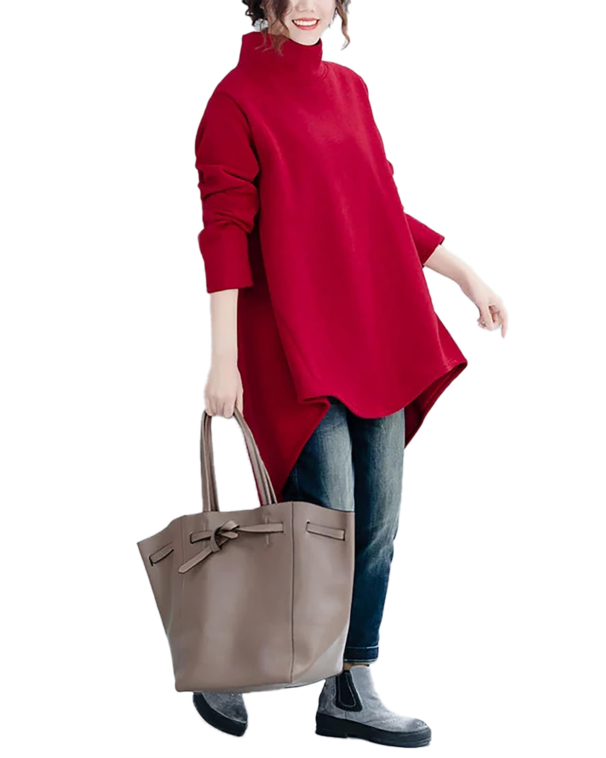 ellazhu Manteau Chemise pour Femmes, col Montant, Manches Longues, Unis, Coupe asymétrique, Ourlet irrégulier, Grande Taille, Maxi, Mode décontractée GZ690