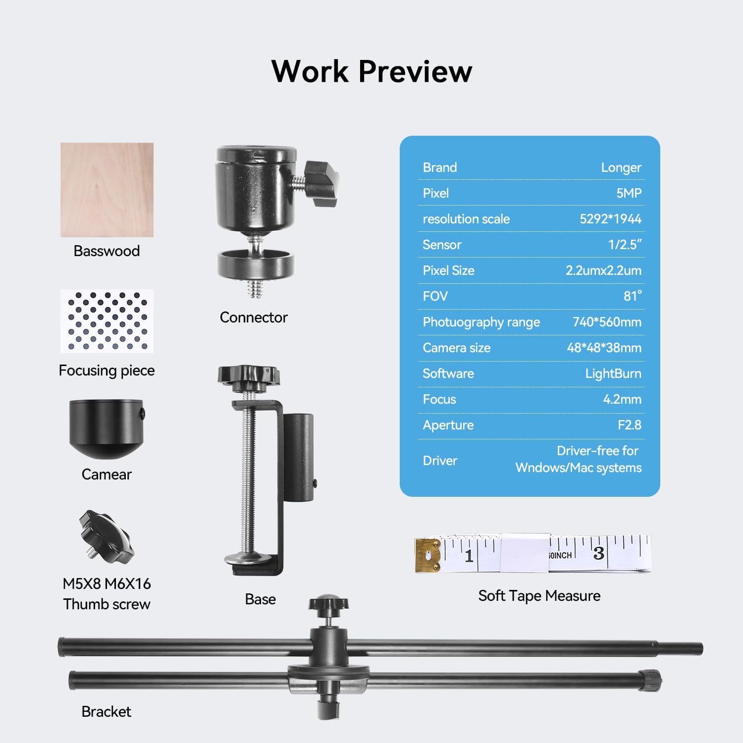 LONGER 5MP Time- Digital Camera with Precise Positioning, LightBurn Camera Kit for Laser Engravers Multi-Task Engraving, and Preview Support for LightBurn