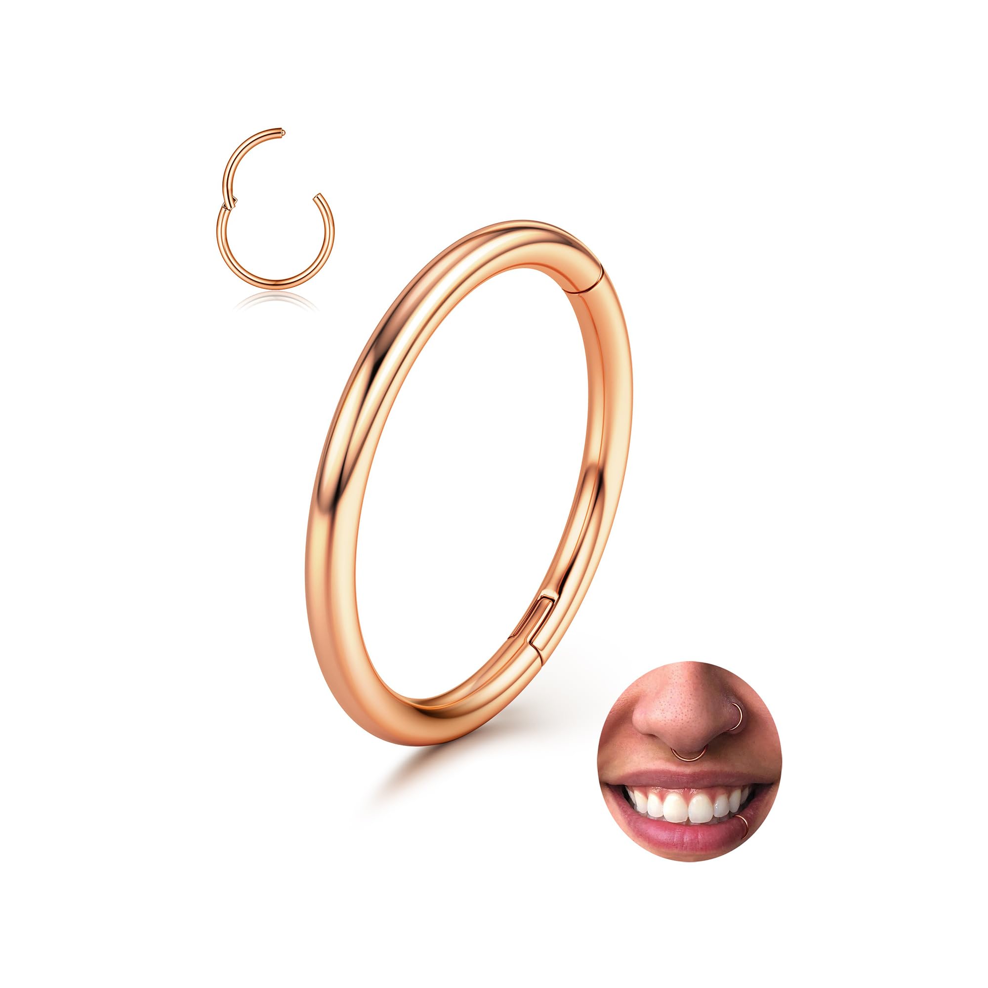 BodyBonita Piercing Nariz Aros con Bisagra - 316L Acero Quirúrgico sin Costuras Septum Piercing Labio CartíLago Hélix Daith Caracola Trago Torre Oro/Plata/Negro/Oro Rosa/Azul/Arcoíris — view 8