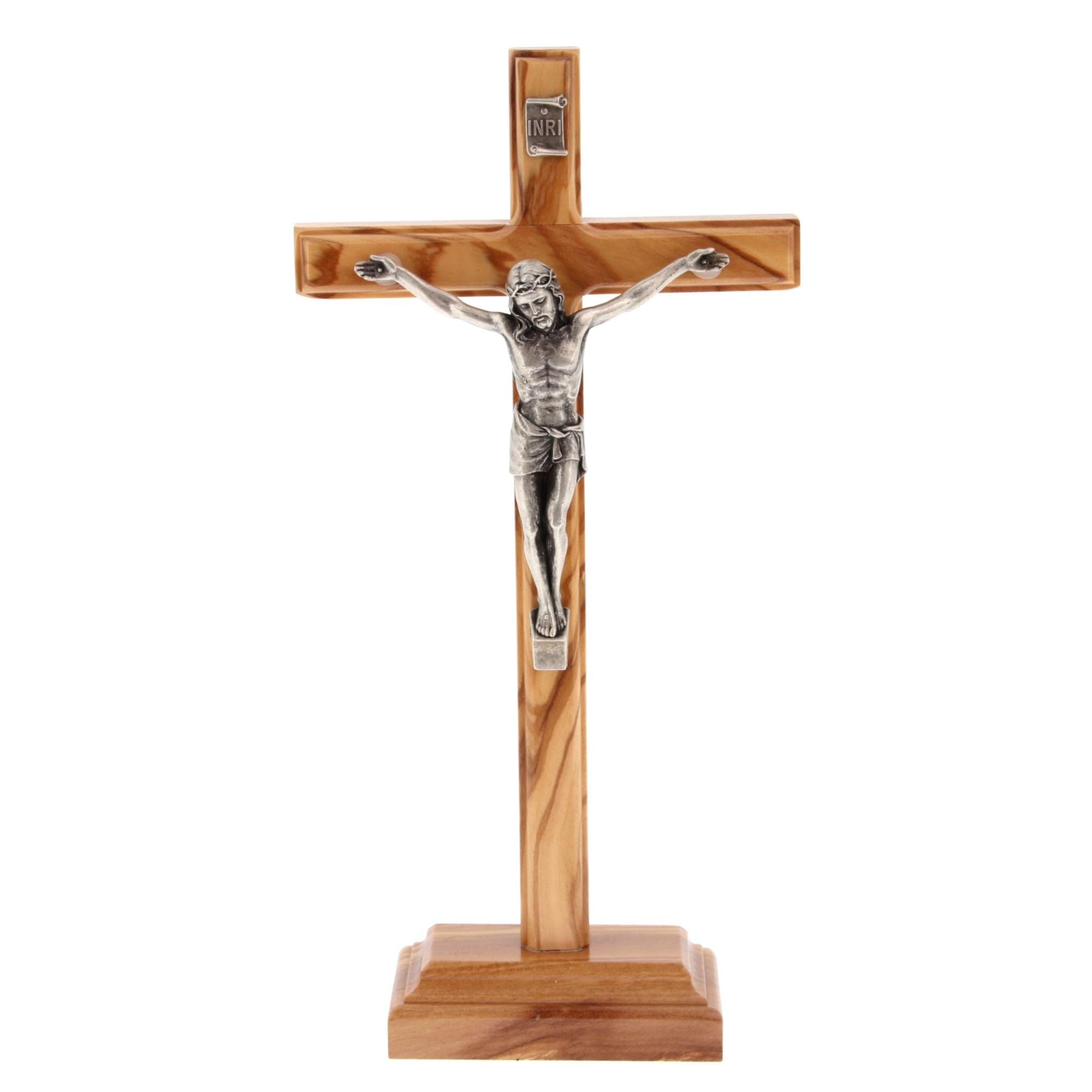 SHALOM - Crocifisso in Legno D'ulivo E Corpo in Metallo con Base. Altezza 23 Cm