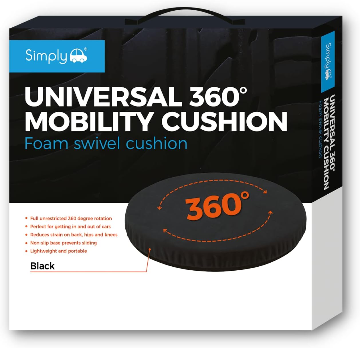 Simply SSC001 Universal 360 Degree Rotating Car Chair Foam Swivel Seat Cushion, Black