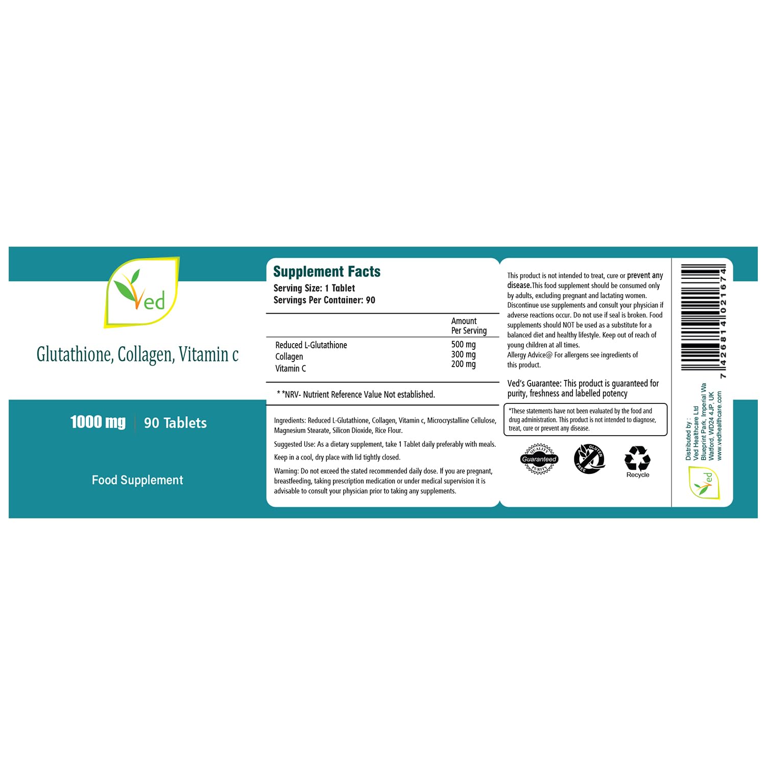 Ved Reduncade L-Glutathion, Kollagen, Vitamin C Tabletten | 1000 mg x 90 Tabletten