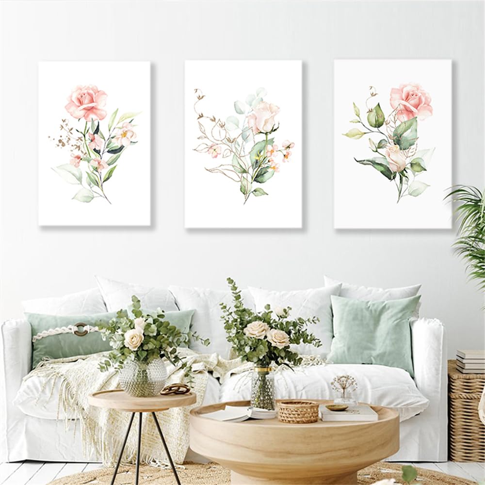WBYZAC Wall Pictures-Boho Watercolor Flowers Green Plant Leaves Canvas Painting Posters Wall Art Prints Living Bedroom Kitchen Room Picture Decor Artwork-30 * 50cm*3PCS (No Frame)