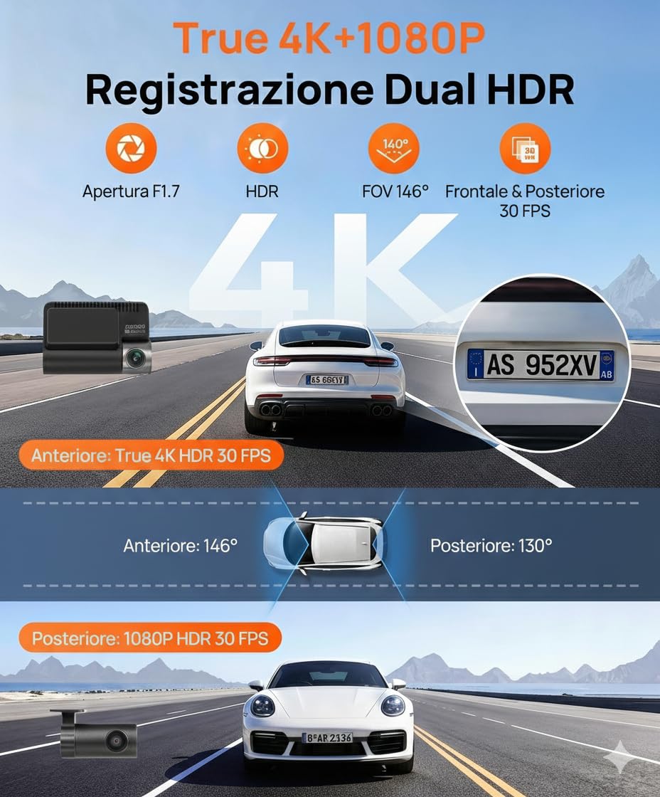 70mai Dash Cam A810S, 4K+1080P Telecamera Auto Fronte e Retro con SD 128GB, Starvis 2 HDR, GPS Integrato, Sorveglianza Parcheggio 24h AI, Visione Notturna, ADAS, WiFi & App, Supporta 512GB