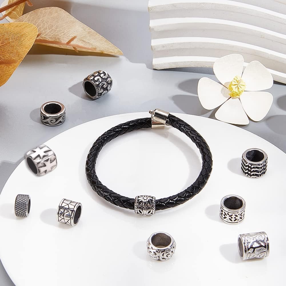 PH PandaHall 10pcs Large Hole Spacer Beads, 10 Style 304 Stainless Steel European Beads Antique Silver Loose Beads for Bracelet Necklace DIY Jewelry Making Hole: 5.5~9mm - Image 3