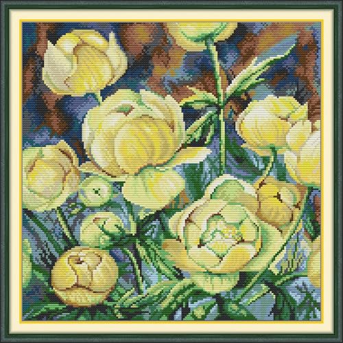 Image of CaptainCrafts Cross Stitch Kits for Adults Counted Cross Stitch Unprinted Fabrics Needlework Craft Home Decor (Counted 14CT, Camellias Flowers)