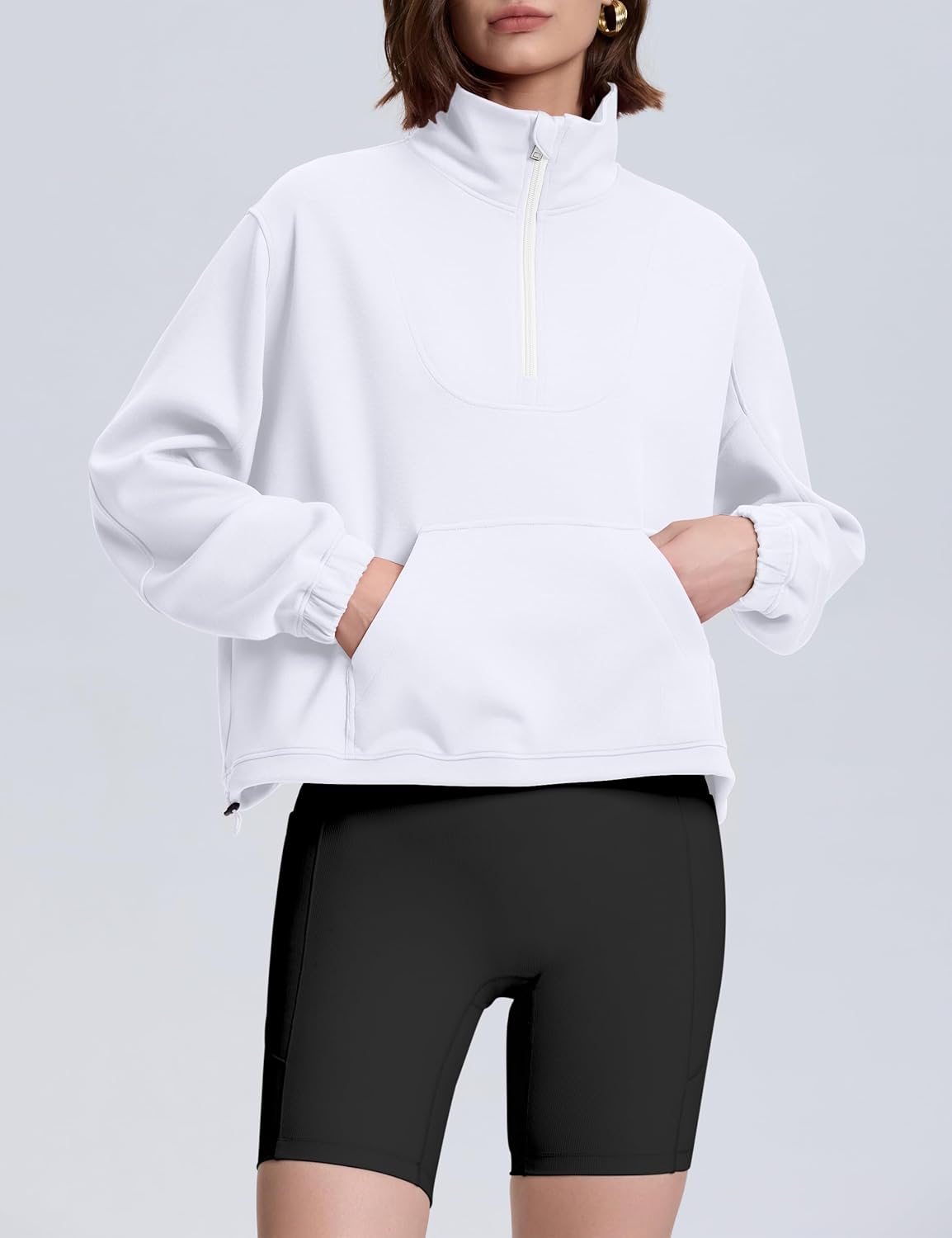 kayamiya Women's Soft Ribbed Half Zip Cropped Sweatshirt Stand Collar Drawstring Lightweight Pullover with Pockets - Image 7