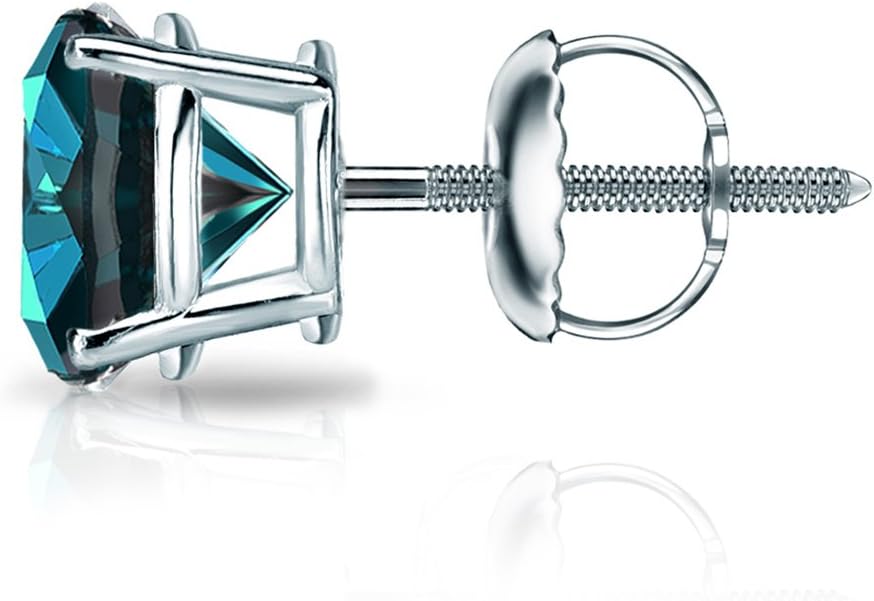 Diamond Wish 1/8 Carat Blue Diamond Round Single Stud Earring in 14k White Gold (I1-I2, cttw) 4-Prong Basket Screw Back