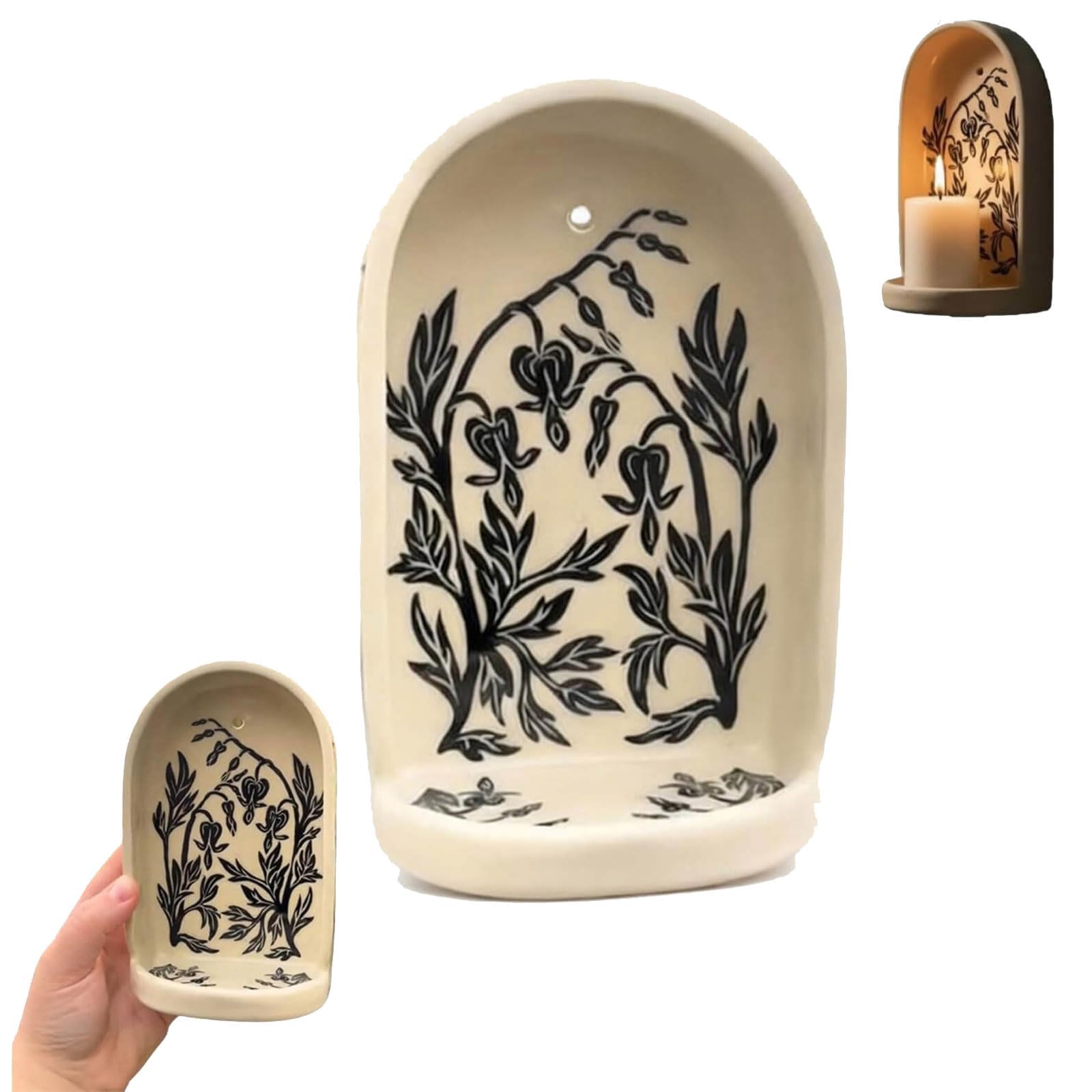 Sacred Wall Niche Collection - Handmade Ceramic Altar with Candle Holder & Jewelry Tray, Decorative Shelf for Meditation Display & Valentine's Day Gift (C)