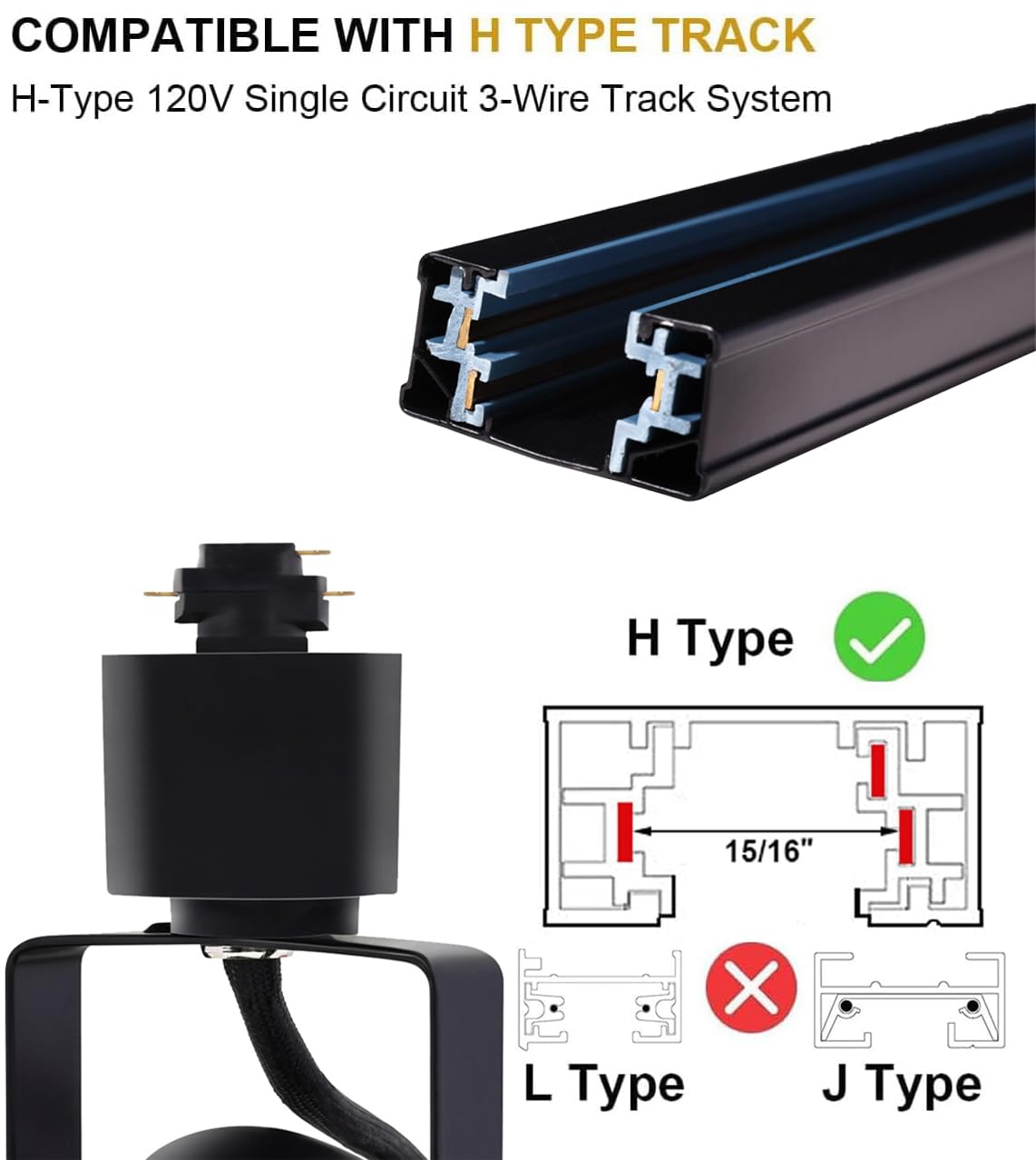 LED Track Lighting Heads – 4-Pack, 10W 1000LM, H Type, Stepless Dimming 2700K-6500K, CRI 90+, Flicker-Free, Black Finish