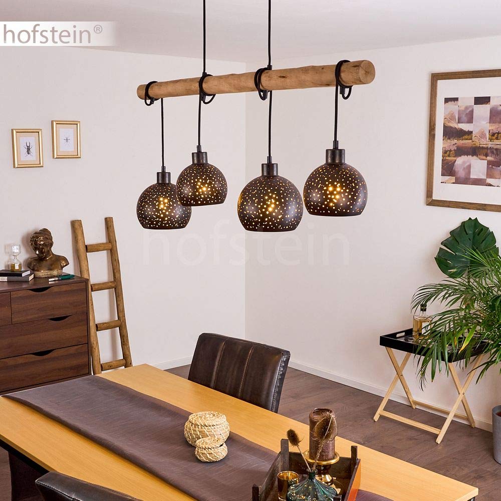 HOFSTEIN Pendelleuchte Imana 4-flammige Deckenlampe aus Metall in Schwarz/Kupferfarben, Vintage Look, Pendellampe mit Holz in Natur für Esszimmer, Küche, 4 x E27, höhenverstellbar bis max. 120 cm