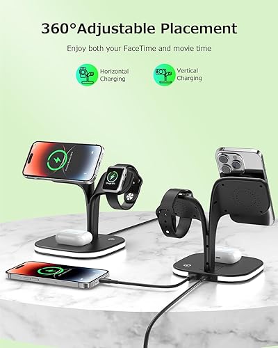 Miniatura 3 de COLSUR Estación de carga para dispositivo Apple con luz nocturna, soporte de cargador inalámbrico plegable magnético 3 en 1 para iPhone 15141312,