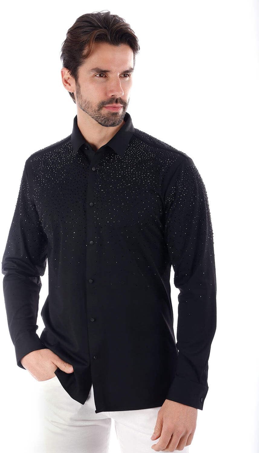 Barabas Men's Rhinestones Jewels Long Sleeve Shirt 4B06