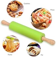 Vista 4 de Alimat PluS Rodillo de silicona, rodillo de masa para pizza, galletas con mango de madera y superficie, paquete de 2 rodillos para hornear
