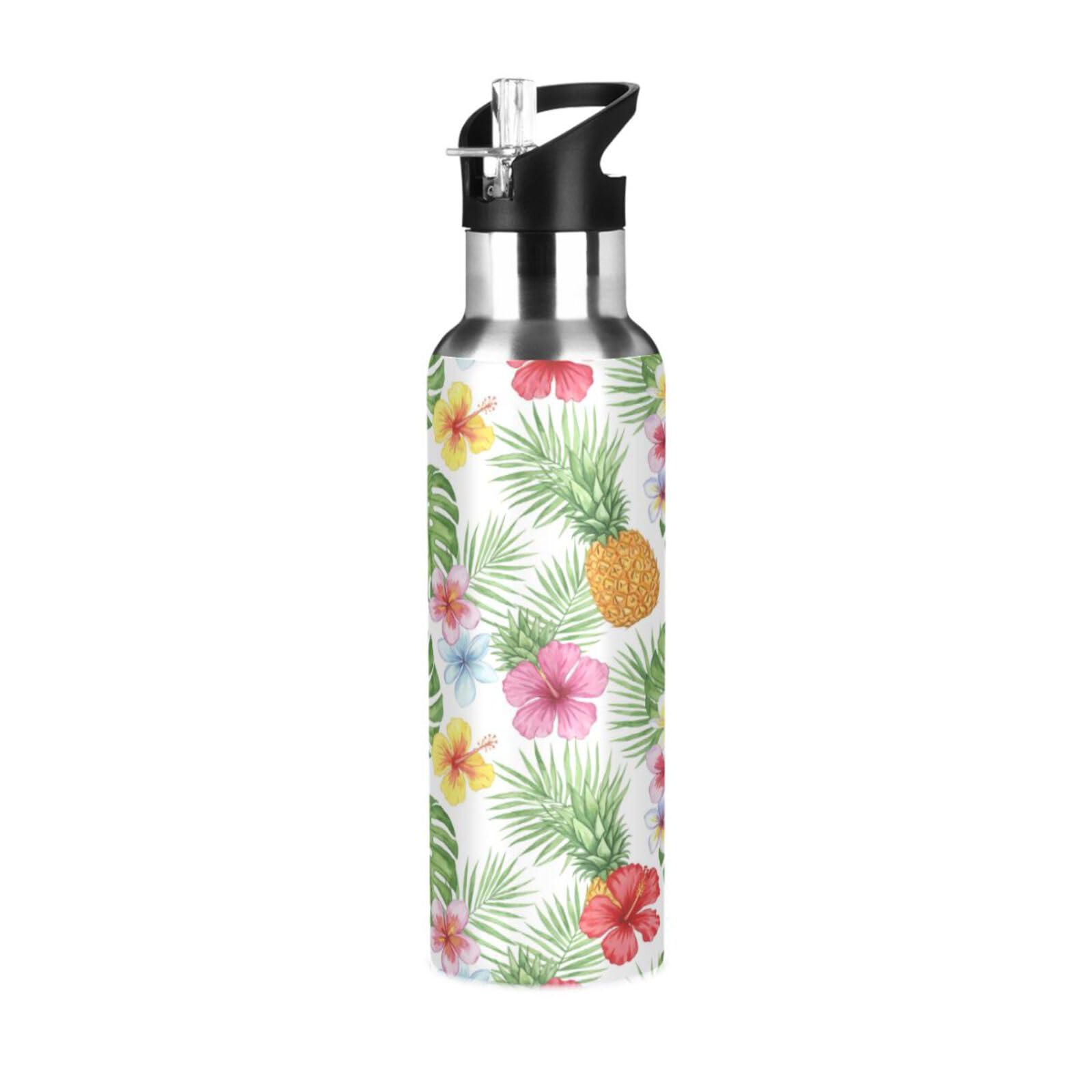 BOESI Pineapple Hibiscus Pattern Insulated Water Bottle 600ml, Stainless Steel Vacuum Sports Bottle with Straw, Leak Proof Thermal Bottle for Gym Travel Outdoor