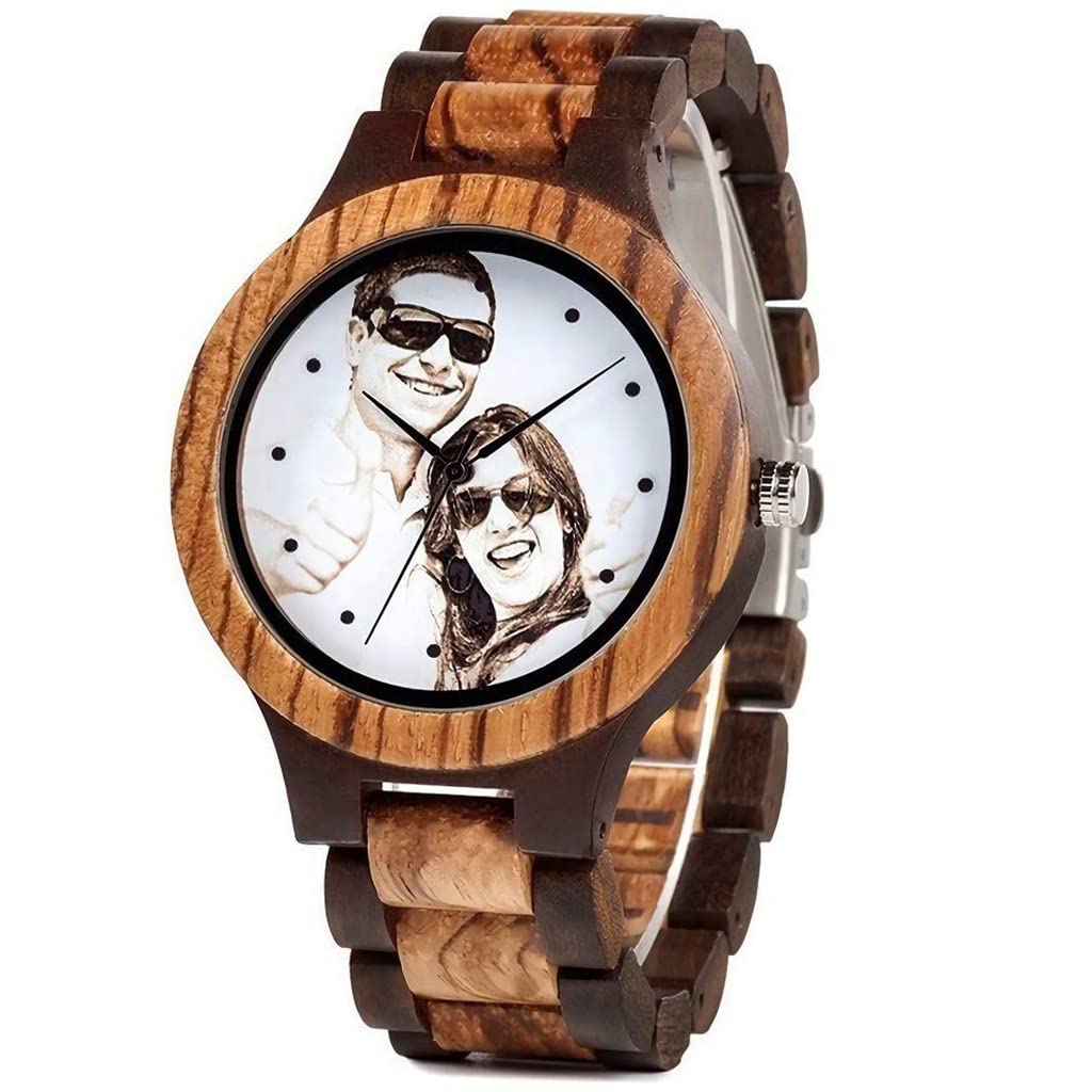 Reloj de Madera Personalizado para Hombres Relojes de Madera Natural con Foto grabada Pulsera Ajustable para Regalo Aniversario de cumpleaños para esposopapá Hijo o Novio