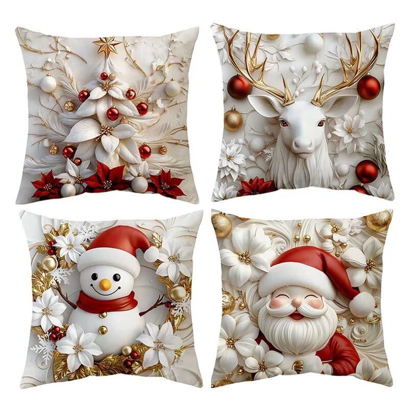 Housse de coussin imperméable 40x40 cm lot de 4 en lin pour déco de Noël et jardin