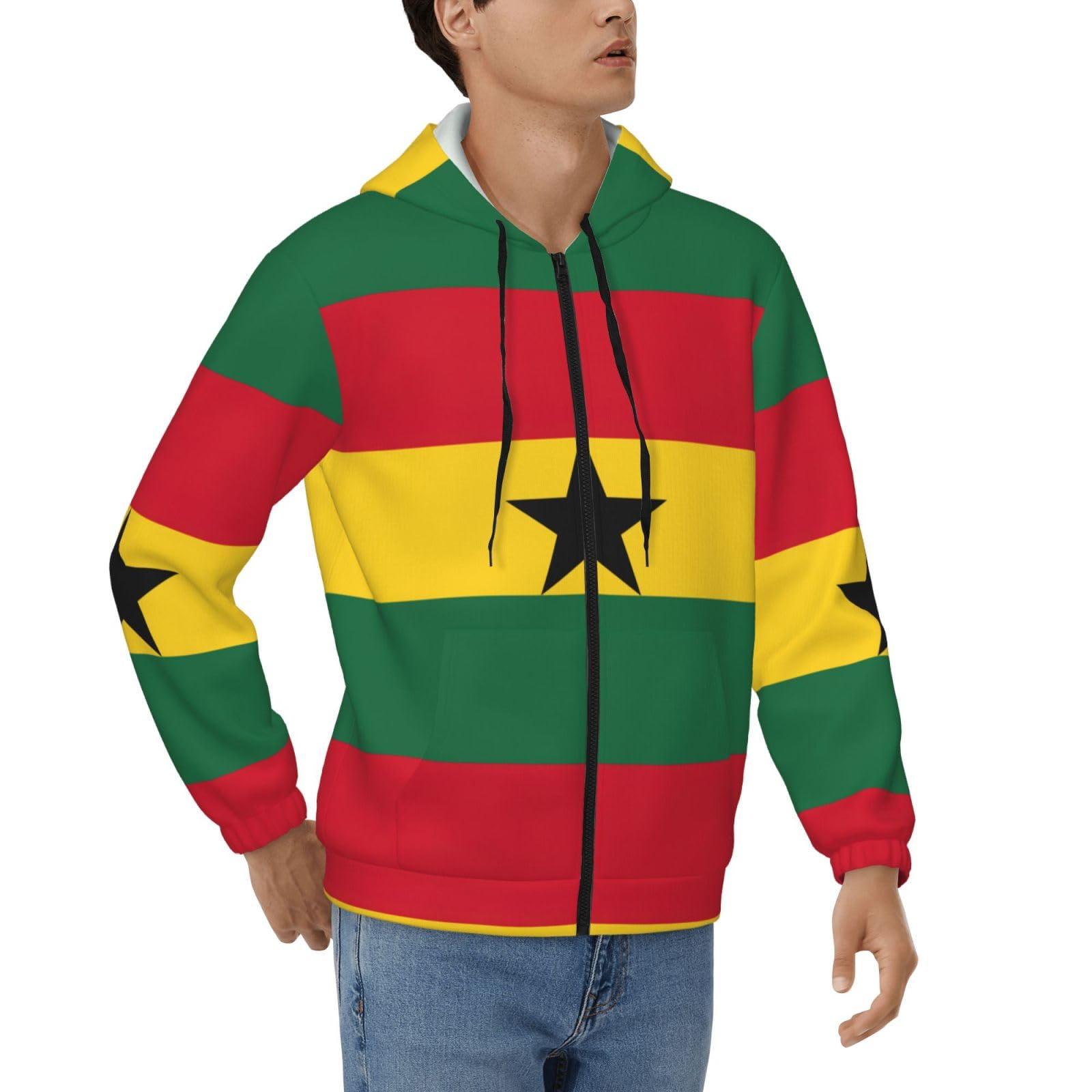 Flag Of Ghana Men'S Loose Fit Heavyweight Full-Zip Carnivals Sweatshirt Spring Casual Fas…