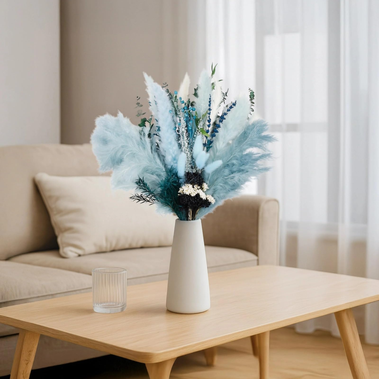 Blaues Pampasgras Deko, Trockenstrauß mit blauen Trockenblumen, 50 cm Stiele, passend für Hochzeit, Party und Boho Dekoration