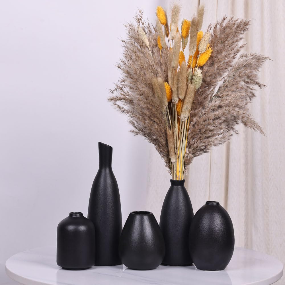 Set di 5 Vasi in Ceramica Nera, Decorazione per Casale, Camino, Mantello e Mensola, per Soggiorno, Ingresso, Bagno, Cucina e Ufficio, Tavolino