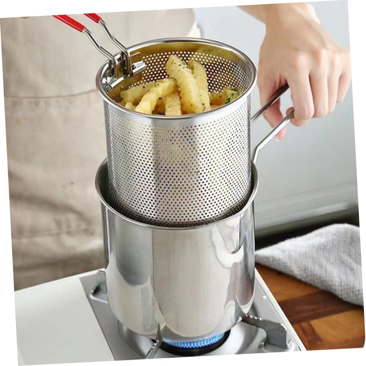 Alipis Frittiertopf Inklusive Zange und Herd Ring aus Edelstahl Silber mit Frittierkorb und Ergonomischem Griff Geeignet zum Frittieren von Fleisch und Pommes für Babyernährung